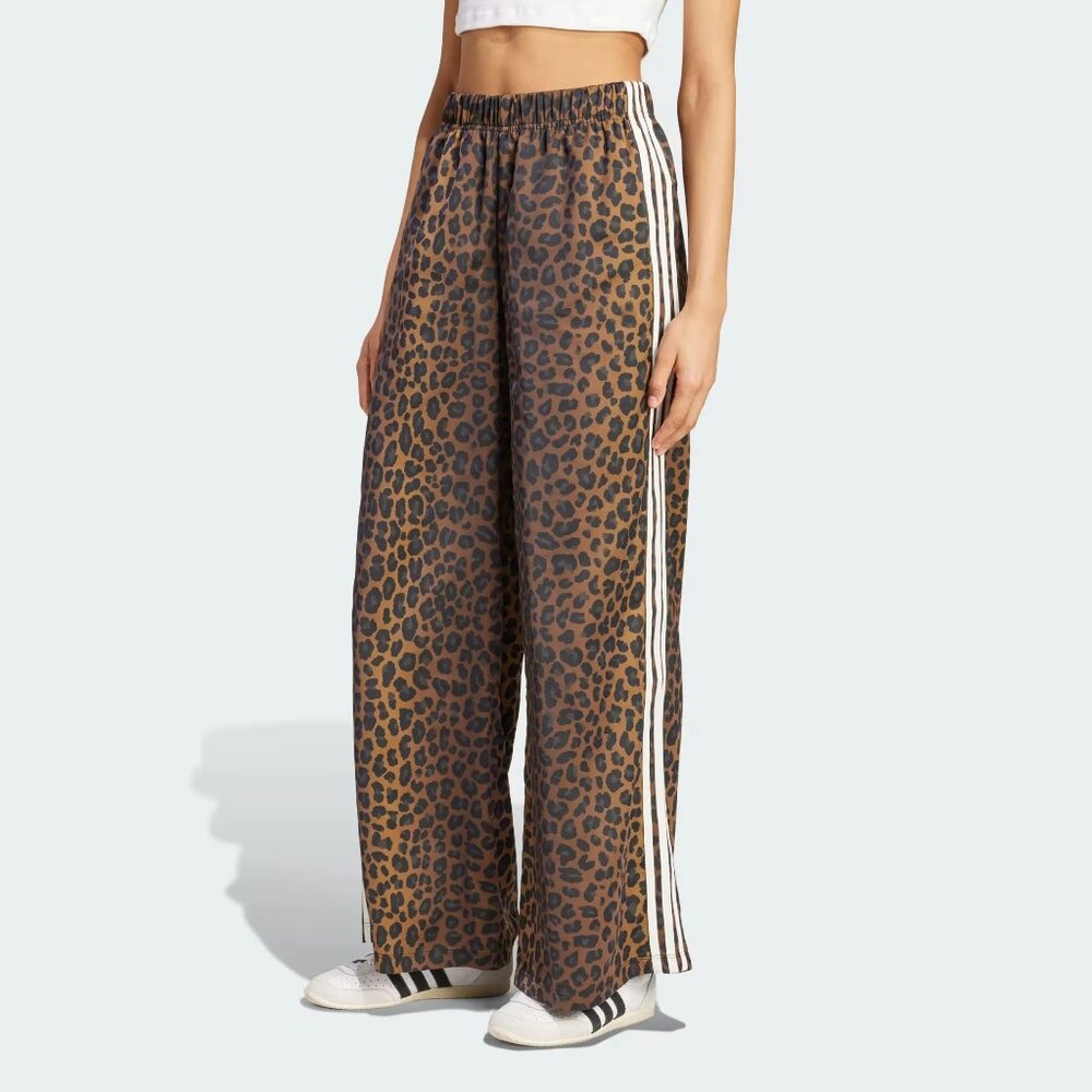 Leopard Satin Print Track Pants with Stripes Wide Leg